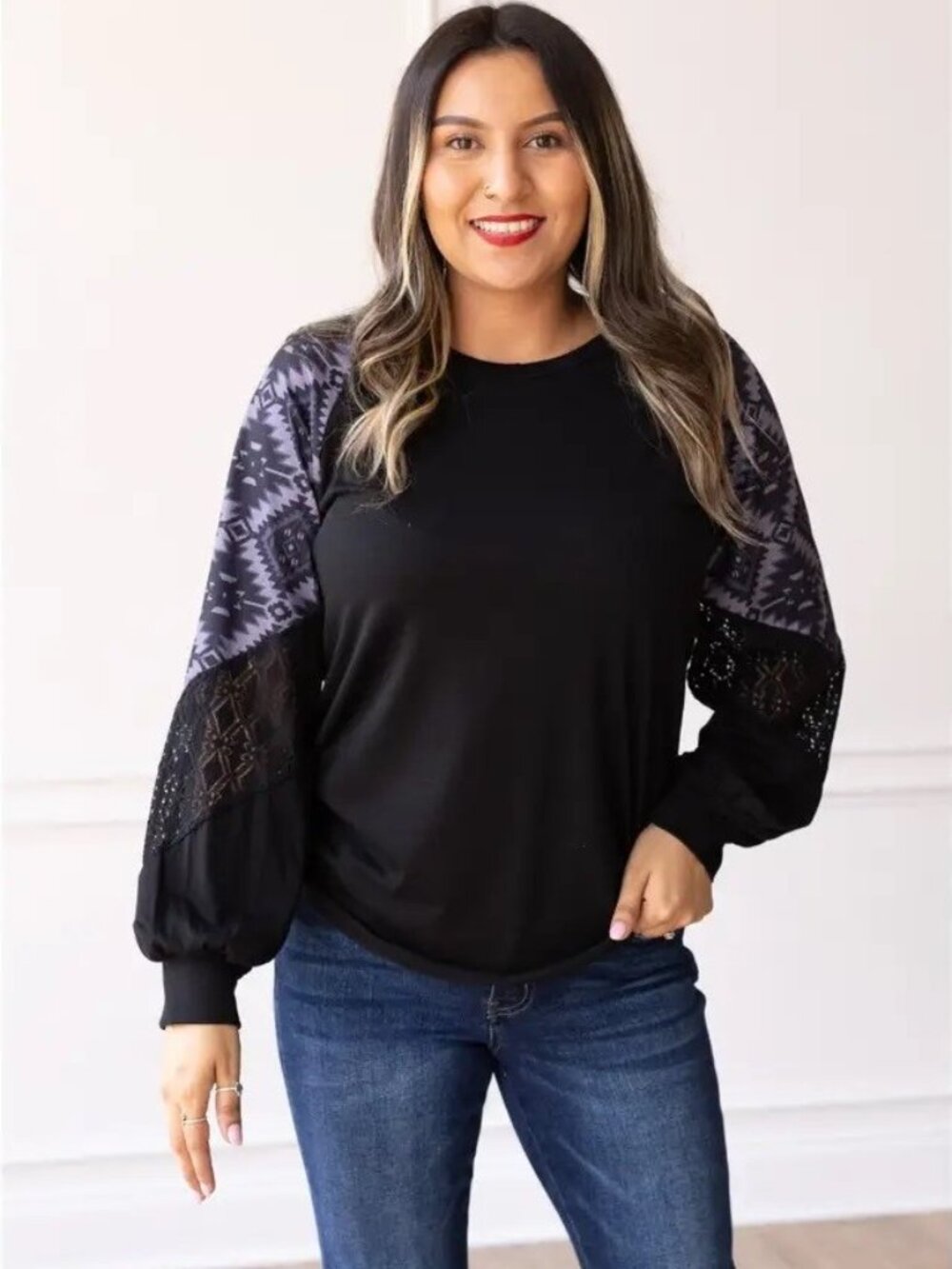 Fun Western Tribal Print Sleeve with Lace Inlay Top